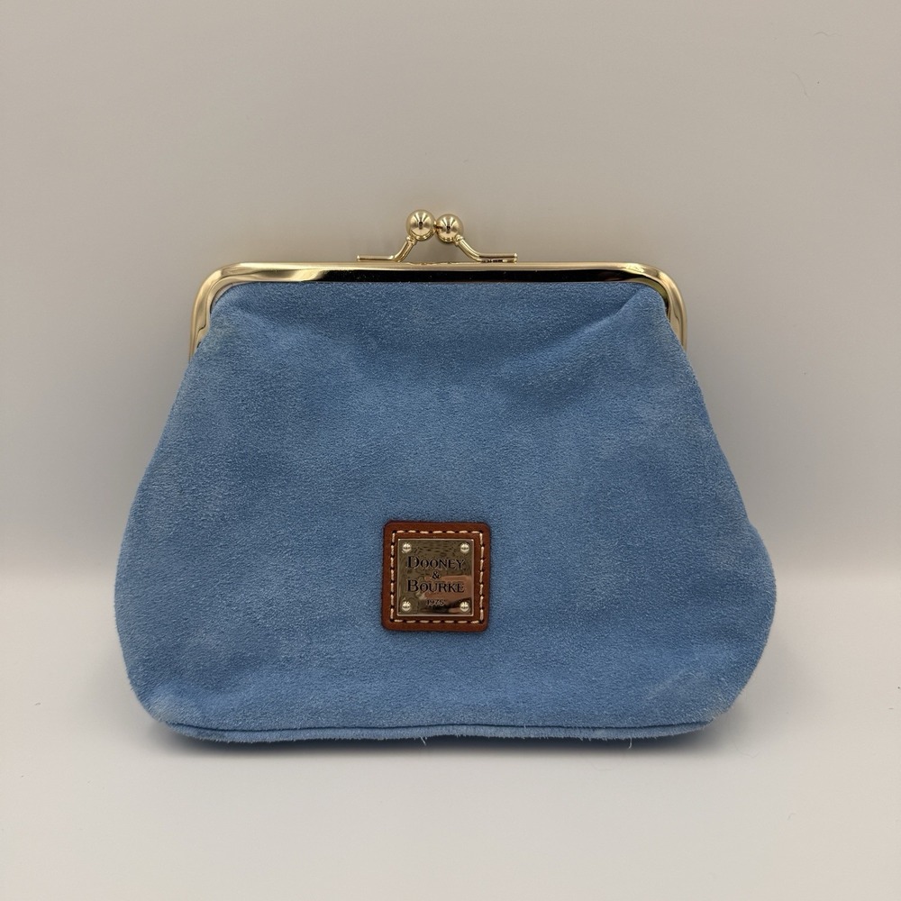 Dooney & Bourke Suede Large Frame Coin Purse Bag Dusty Blue Kisslock Red Lining